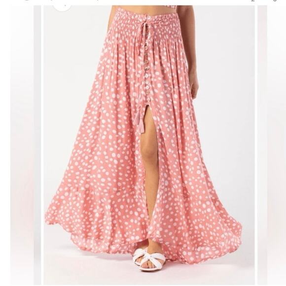 Tiare Hawaii Maxi Skirt‎ Womens OS Pink Button Polka Dot Flowy Coastal Barbie - Picture 1 of 10